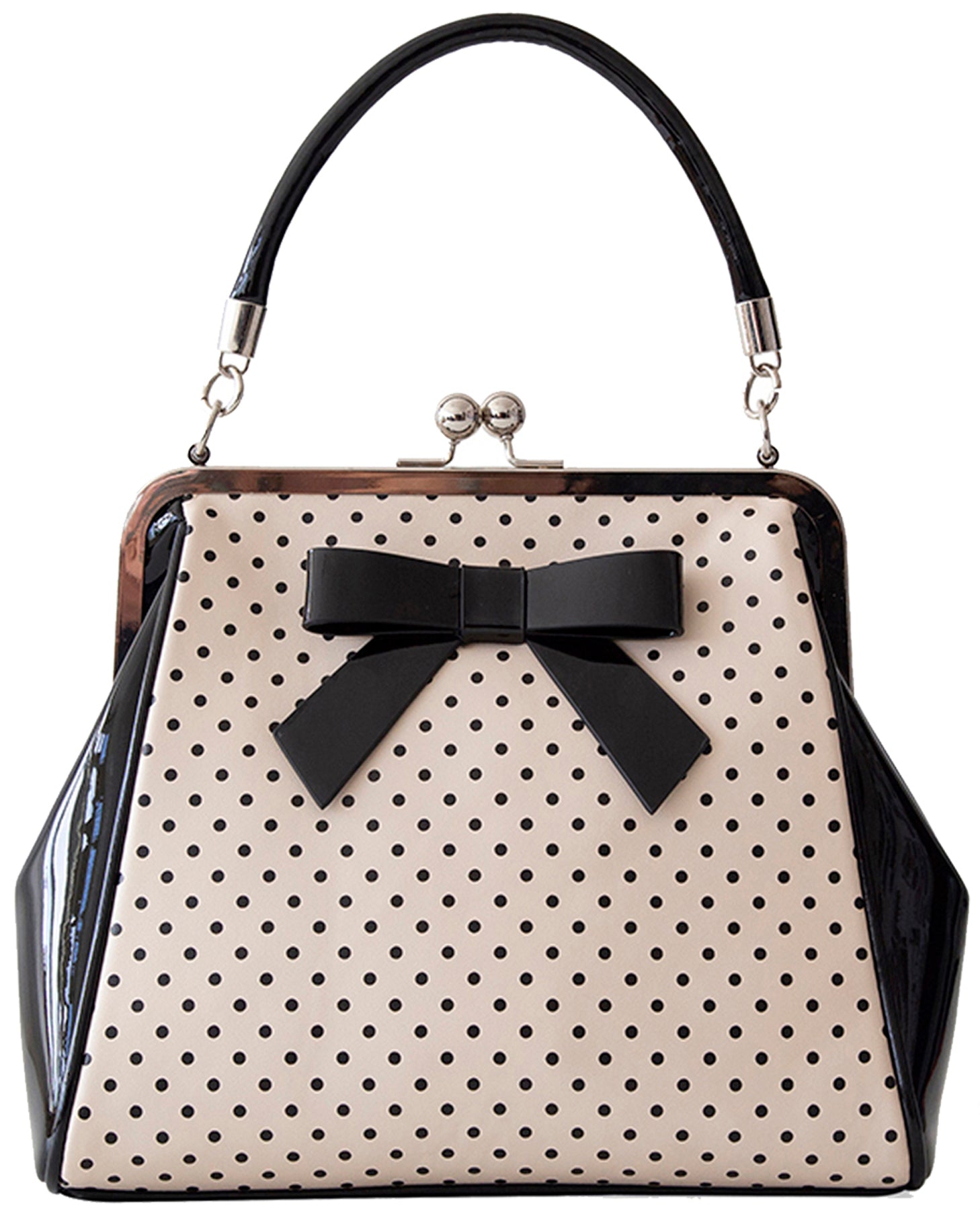 1Banned_POLKA_STARR_50s_PUNKTE_Kisslock_LACK_Schleife_TASCHE_Handbag_Creme_killer_kirsche