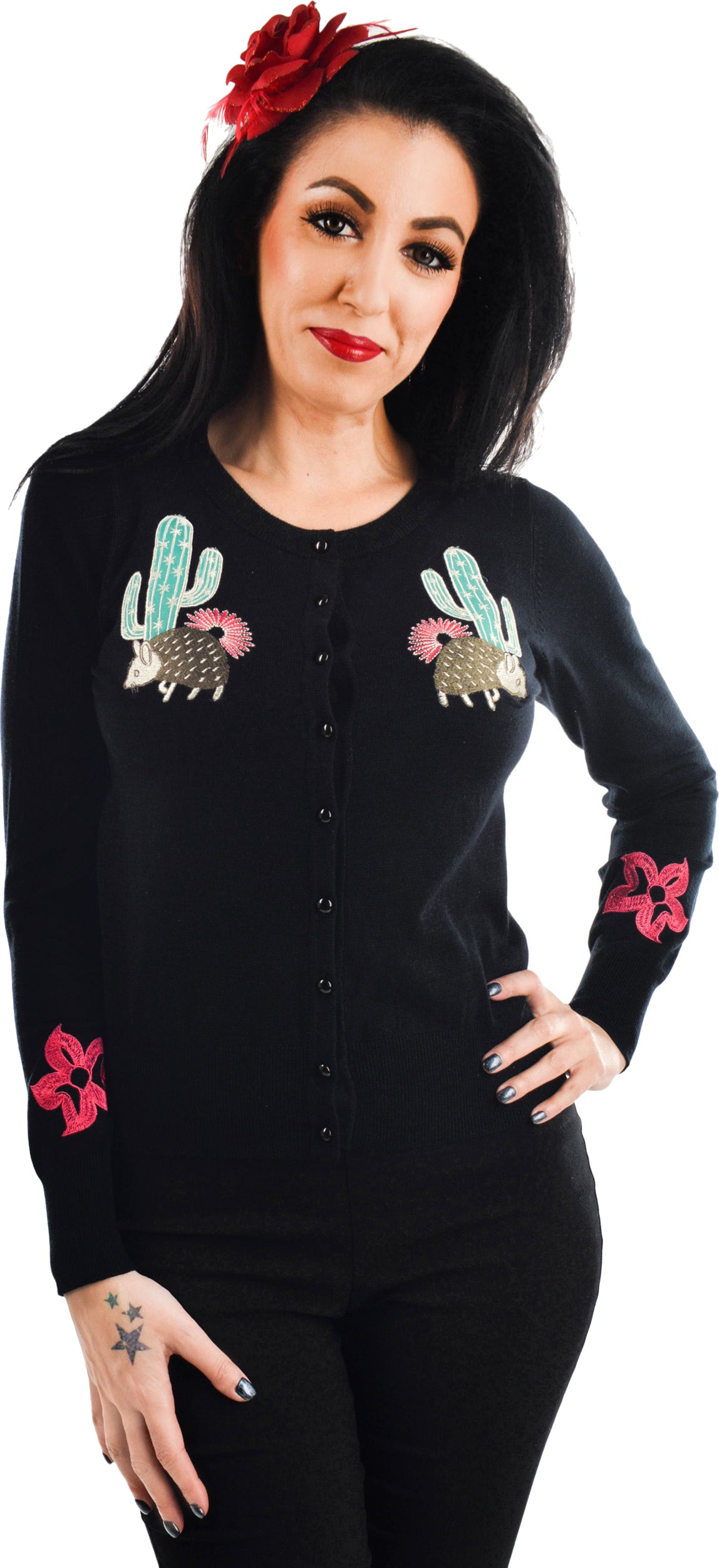 Banjo_Cake_WESTERN_DESERT_Igel_Kaktus_EMBROIDERED_CARDIGAN_Strickjacke_schwarz