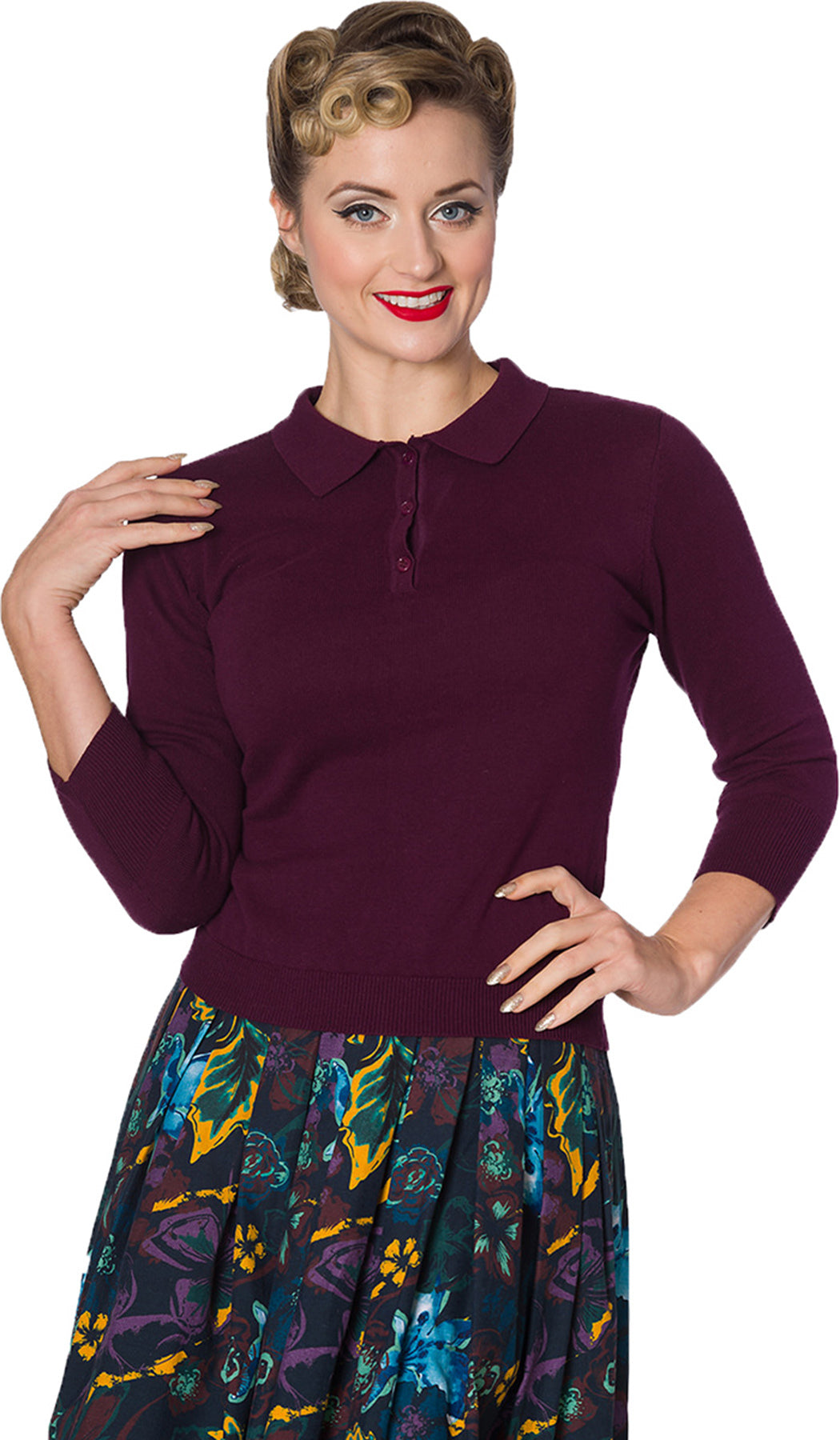Banned_AUDRY_Vintage_BUTTON_Polo_PLAIN_Oberteil_JUMPER_Pullover_Aubergine_killer_kirsche