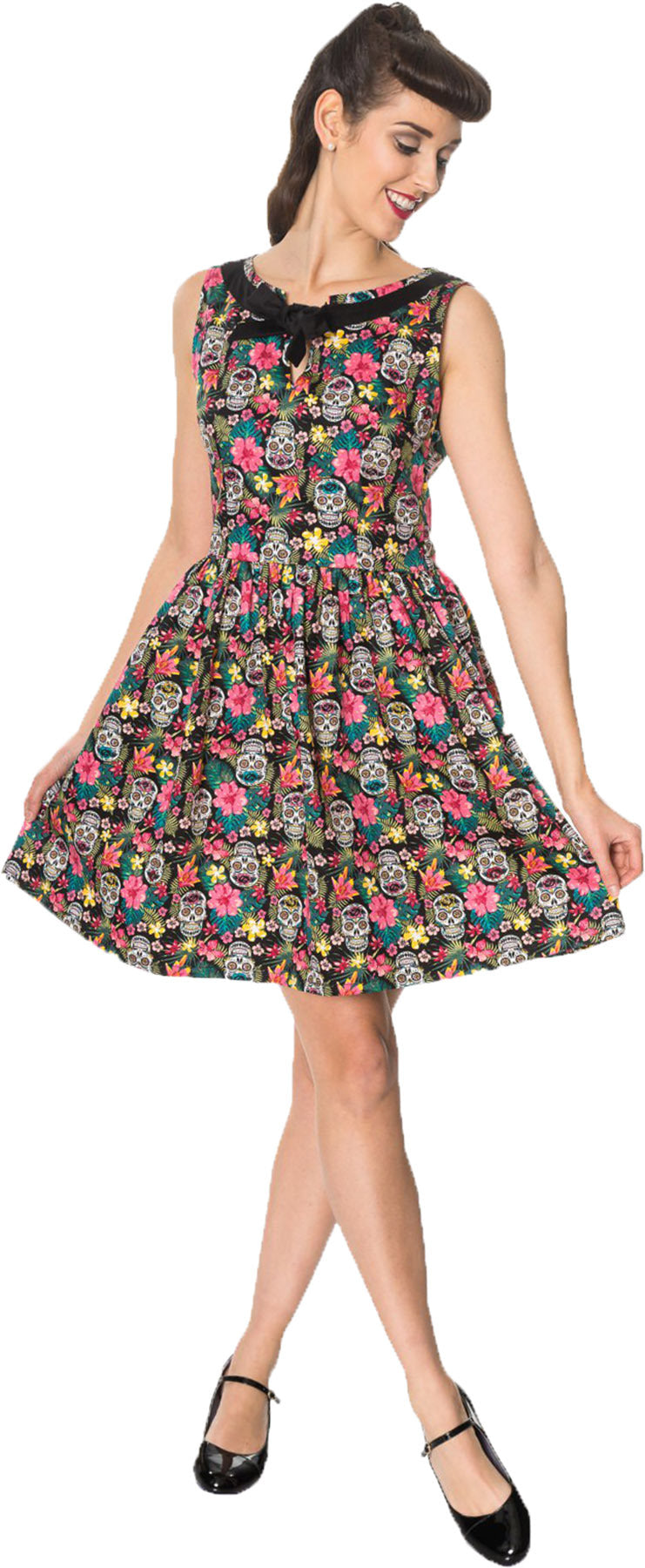 Banned_BROOKE_Tropical_HIBISKUS_Sugar_Skull_BOW_Retro_SWING_DRESS_Kleid_Killer_Kirsche-1