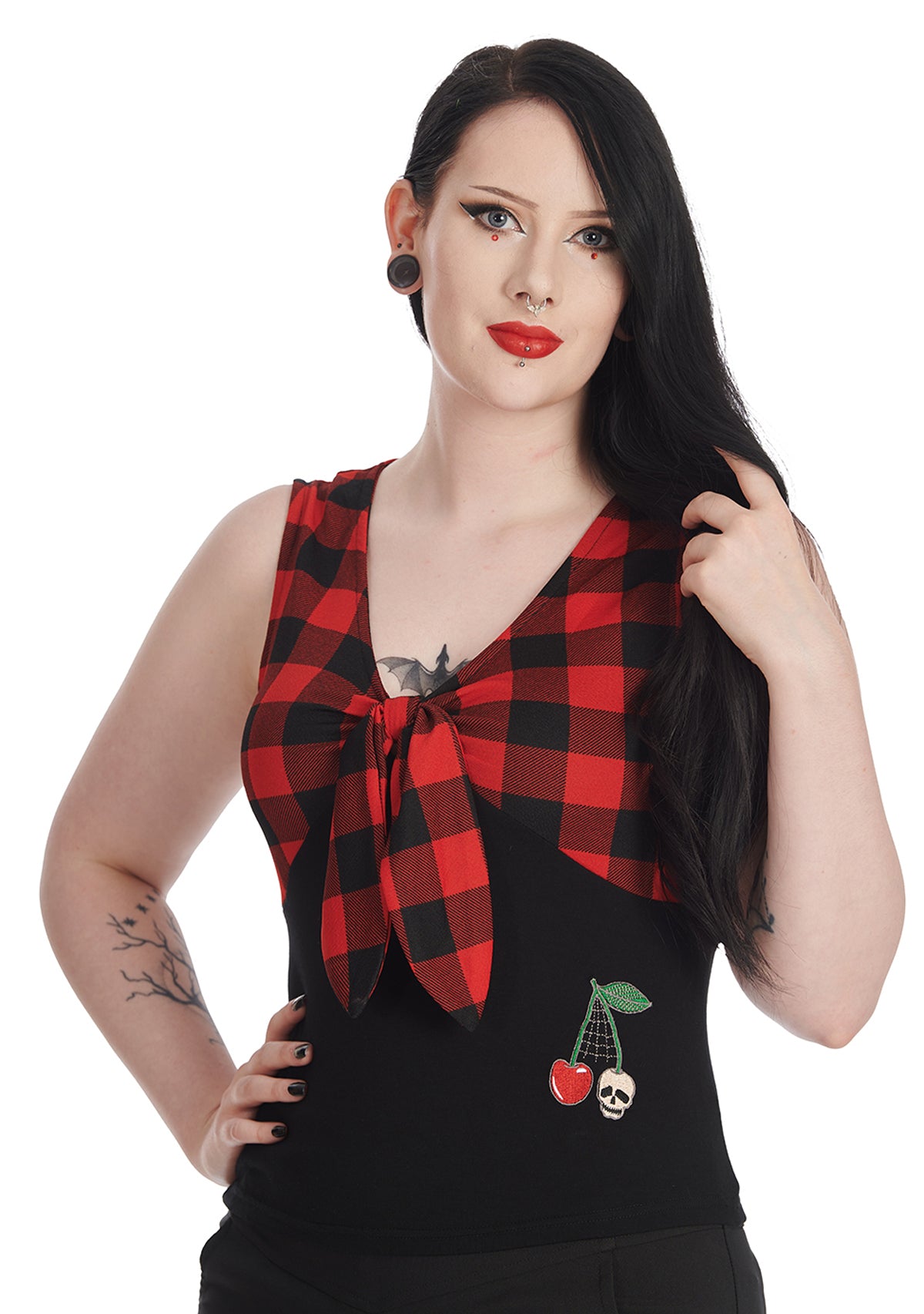 Banned_CHECK_CHERRY_Vintage_KNOTEN_Skull_VNeck_Oberteil_TOP-2