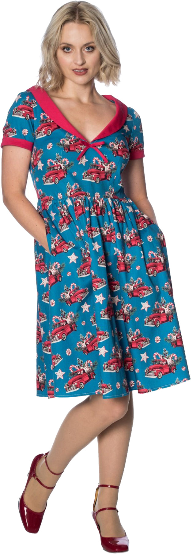 Banned_CHRISTMAS_DRIVE_PICK_UP_Bow_V-NECK_Traeger_SWING_DRESS_Kleid_killer_kirsche_1