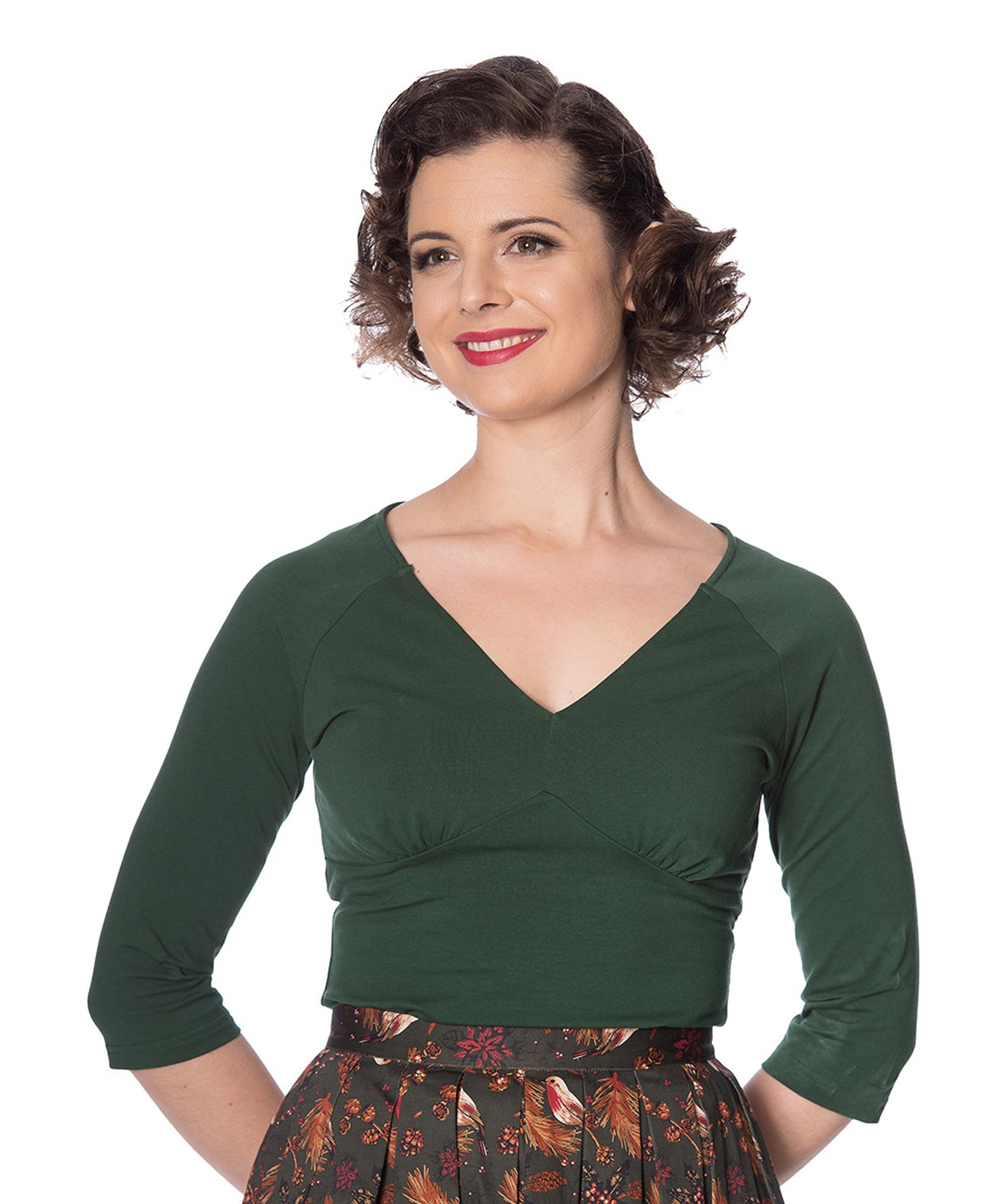 Banned_CUTE__CLASSIC__Retro_PLAIN_V-Neck_34_Arm_Oberteil_JERSEY_SHIRT_-_Tannengruen-1