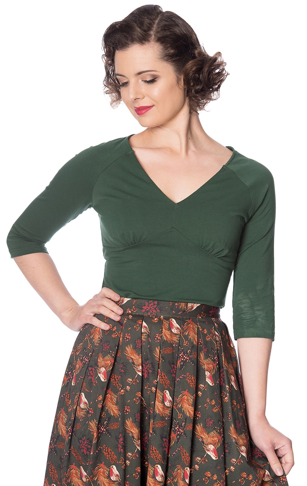 Banned_CUTE__CLASSIC__Retro_PLAIN_V-Neck_34_Arm_Oberteil_JERSEY_SHIRT_-_Tannengruen-2