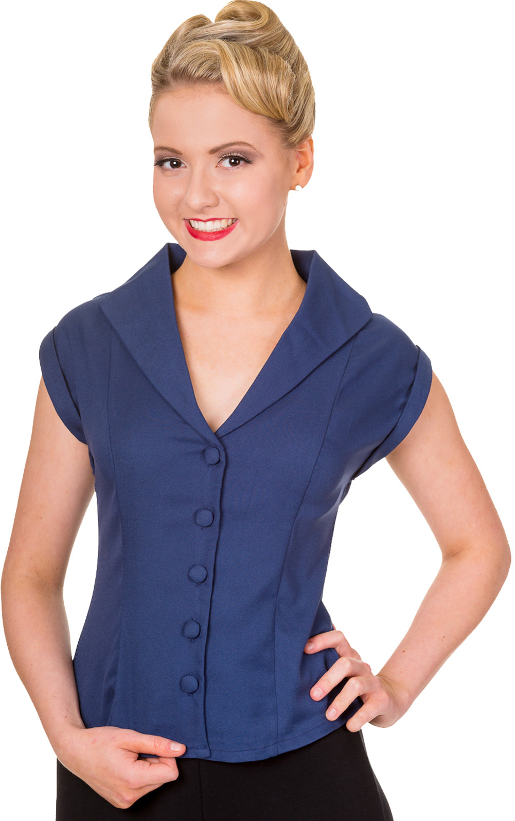 Banned_DREAM_MASTER_Vintage_V-Neck_Retro_Kurzarm_Collar_BLUSE_-_Navy