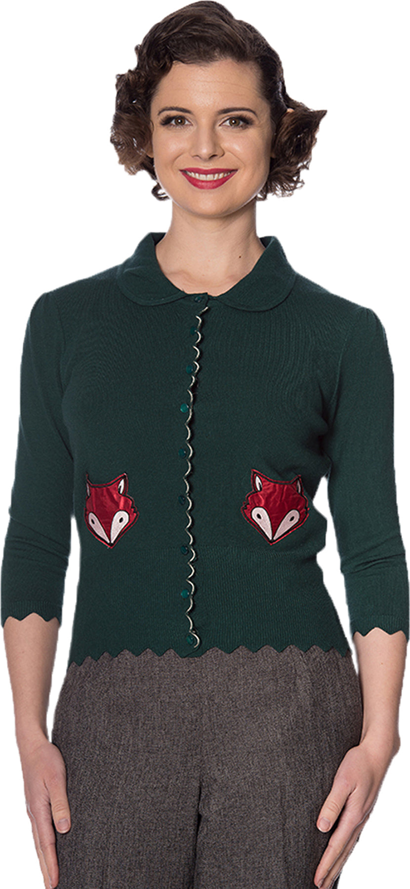 Banned_FOXY_Vintage_FUCHS_Dreiviertelarm_SCALLOPED_CARDIGAN_Strickjacke_Gruen_killer_kirsche