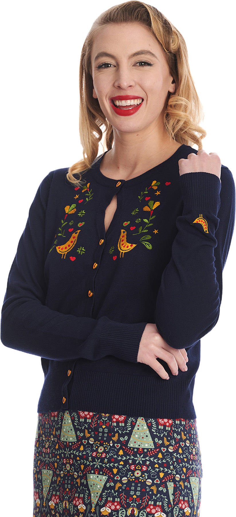 Banned_HERITAGE_BIRDY_Retro_VOGEL_STICK_Heart_CARDIGAN_Strickjacke_-_Schwarz_Killer_Kirsche-2