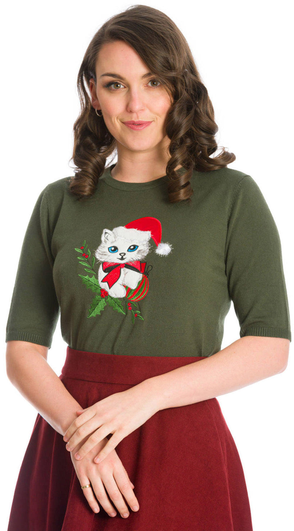 Banned_HOLLY_CAT_Vintage_Christmas_Katze_Oberteil_JUMPER_Pullover_-_Dunkelgruen_killer_kirsche_1