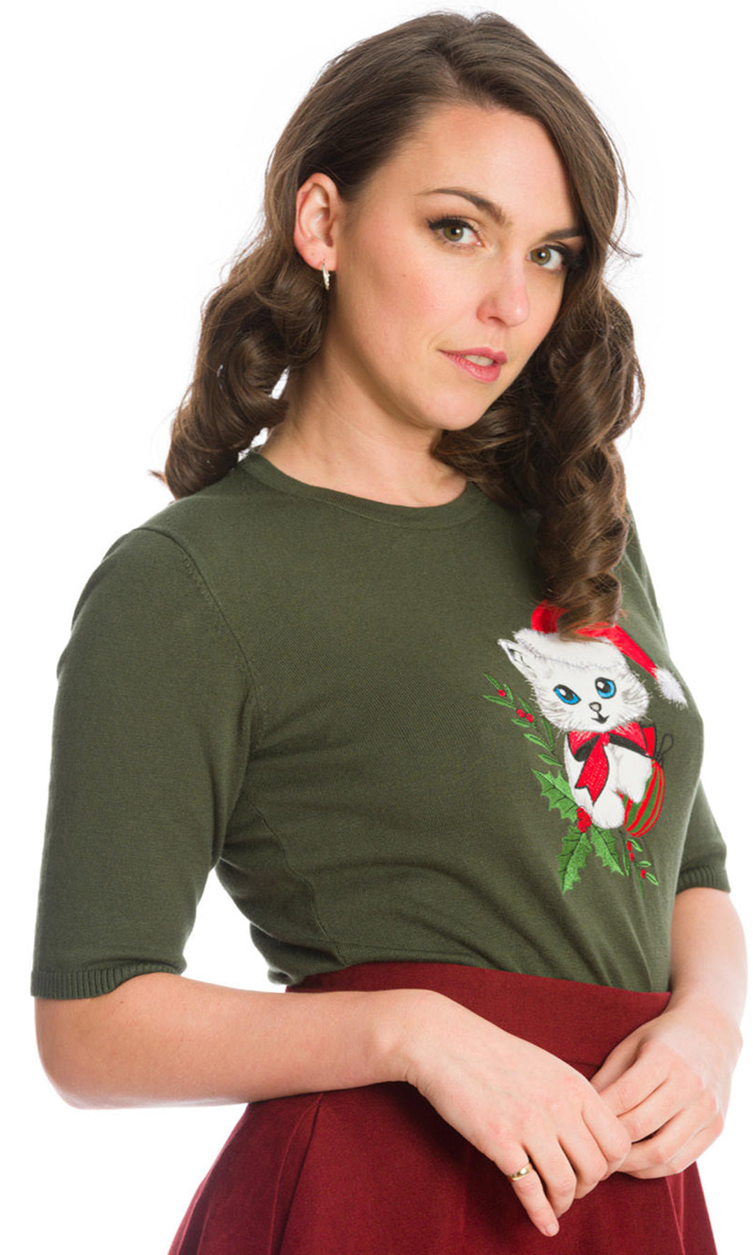 Banned_HOLLY_CAT_Vintage_Christmas_Katze_Oberteil_JUMPER_Pullover_-_Dunkelgruen_killer_kirsche_2