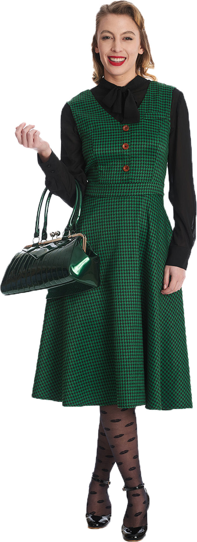 Banned_HOUNSTOOTH_HAPPY_Hahnentritt_V-NECK_Buttons_SWING_DRESS_Kleid_-_Gruen_Killer_Kirsche-1