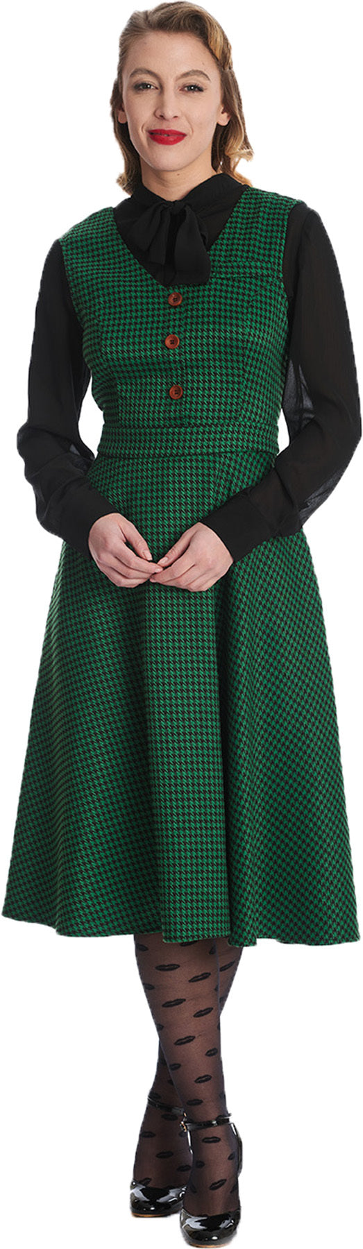 Banned_HOUNSTOOTH_HAPPY_Hahnentritt_V-NECK_Buttons_SWING_DRESS_Kleid_-_Gruen_Killer_Kirsche-2