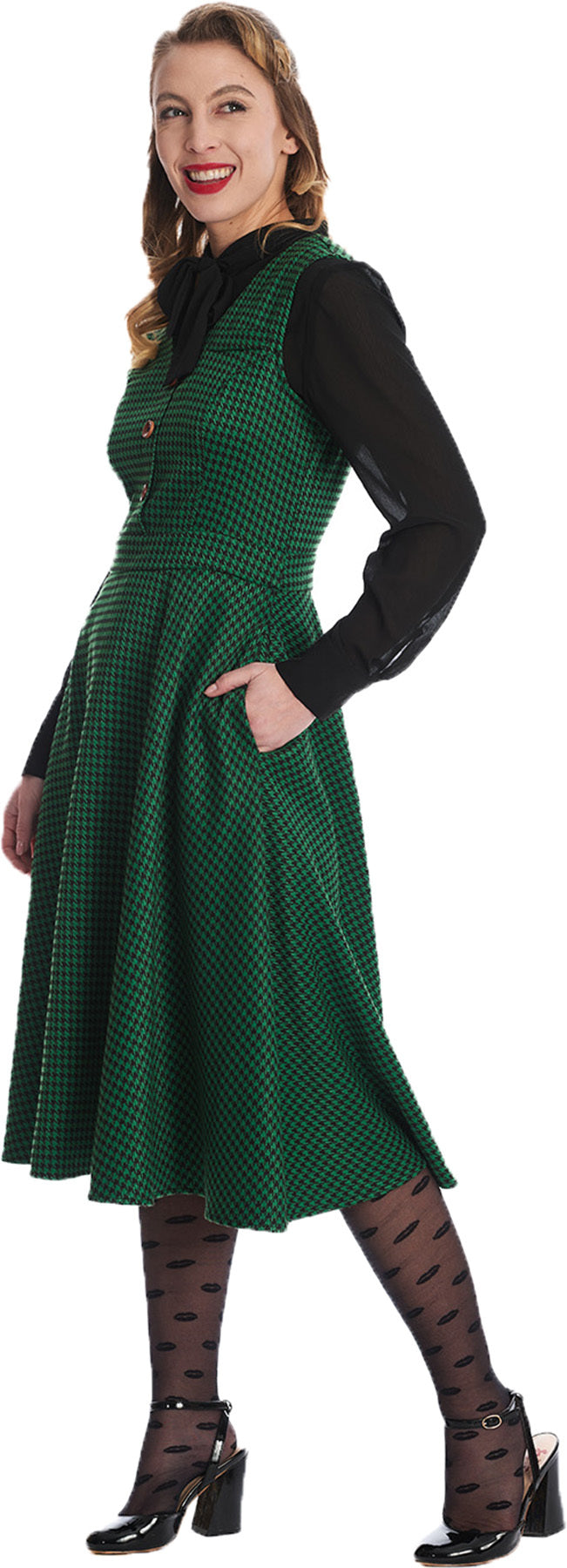 Banned_HOUNSTOOTH_HAPPY_Hahnentritt_V-NECK_Buttons_SWING_DRESS_Kleid_-_Gruen_Killer_Kirsche-3