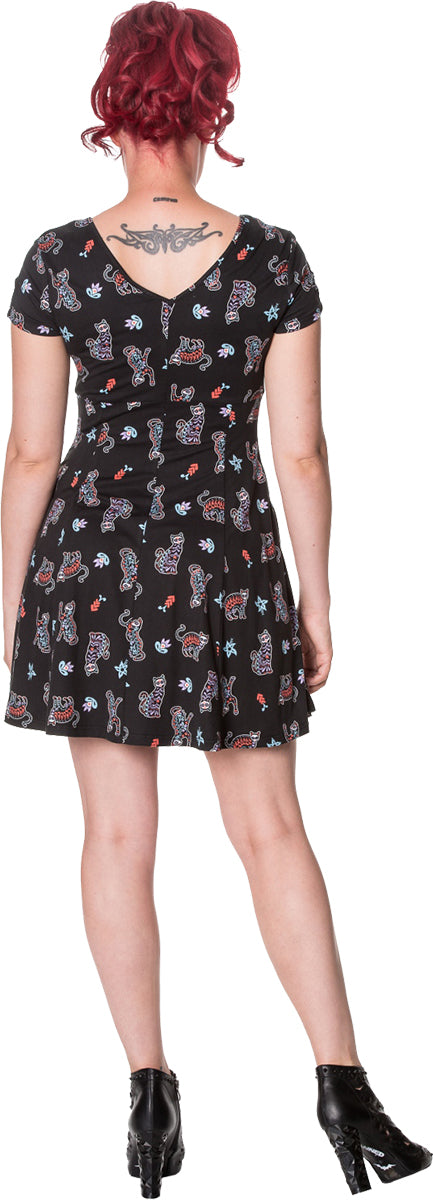 Banned_MAGENTA_MORNINGS_Katze_Cat_Kurzarm_MINI_Swing_Dress_KLEID-2