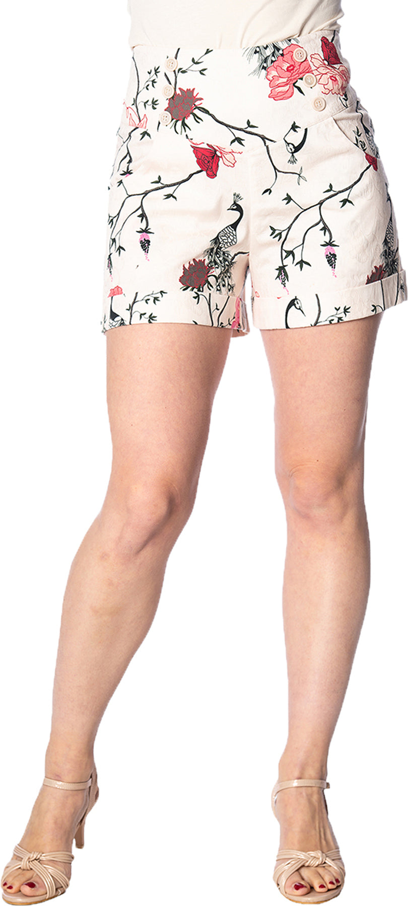 Banned_PEACOCK_BAROQUE_Blumen_FLORAL_High_Waisted_SHORTS_Creme_killer_kirscheIylLa1d9UC0k9