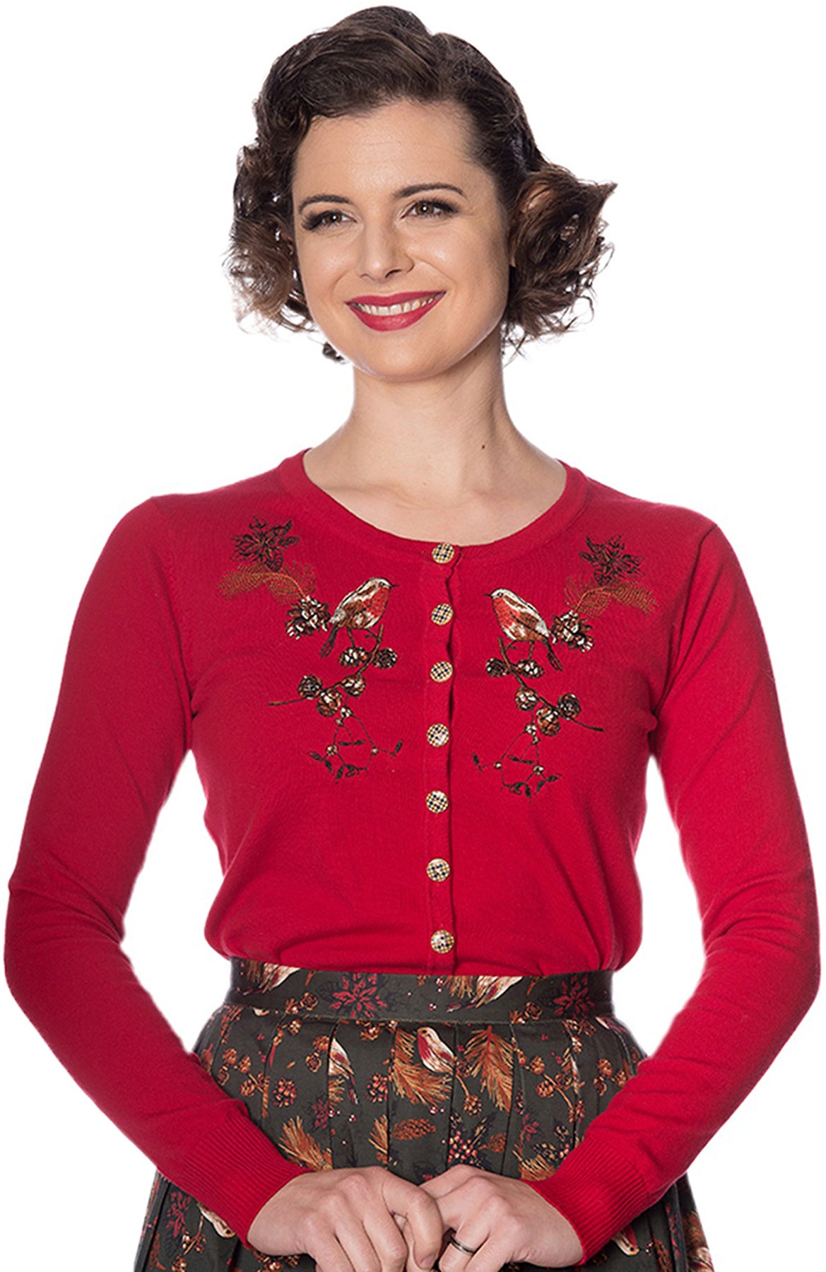 Banned_ROCKIN_ROBIN_Vintage_BIRD_Branch_Cone_CARDIGAN_Strickjacke_Rot_killer_kirsche