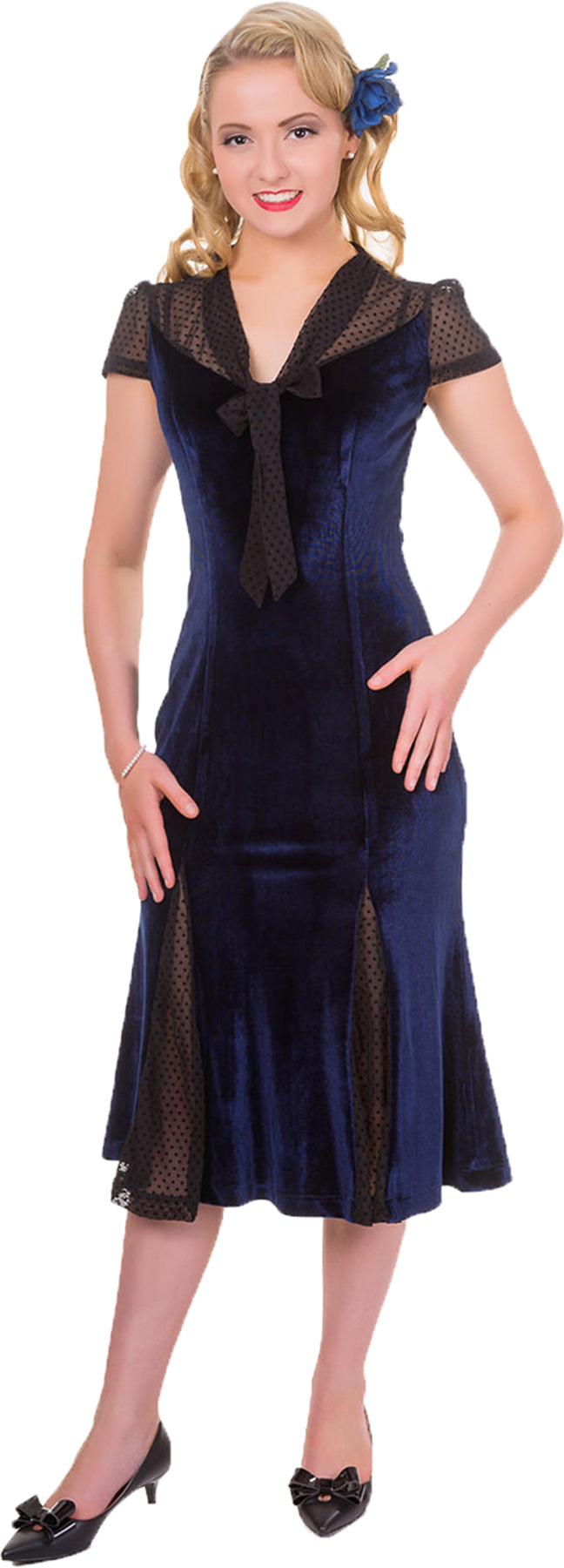 Banned_SENSATION_Vintage_VELVET_Polka_Dot_Lace_BOW_Spitzen_Kleid_Blau_killer_kirscheOI2somEAwqZuD