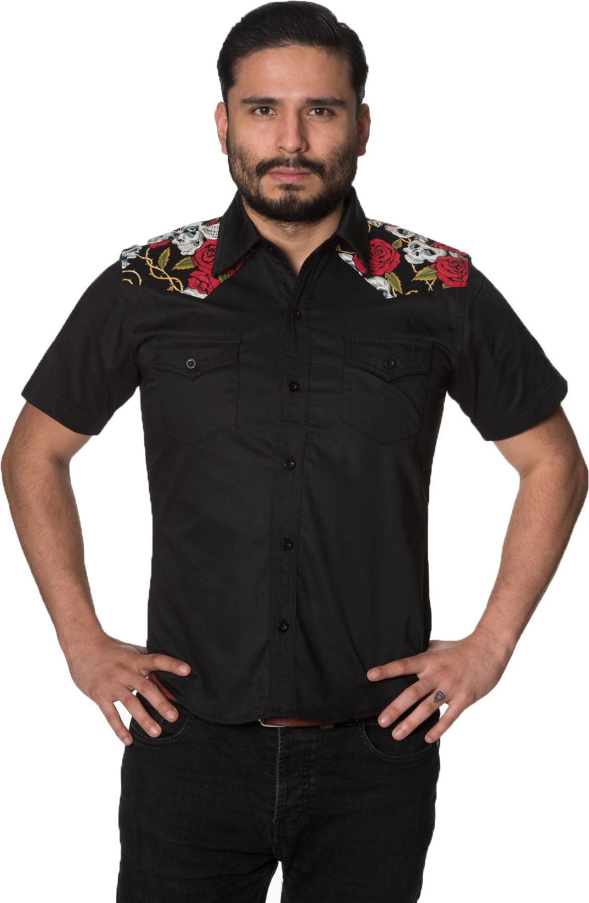 Banned_SKULLS_ROSES_Totenkoepfe_Blumen_KURZARM_Herren_Retro_HEMD_Shirt_Killer_Kirsche-1