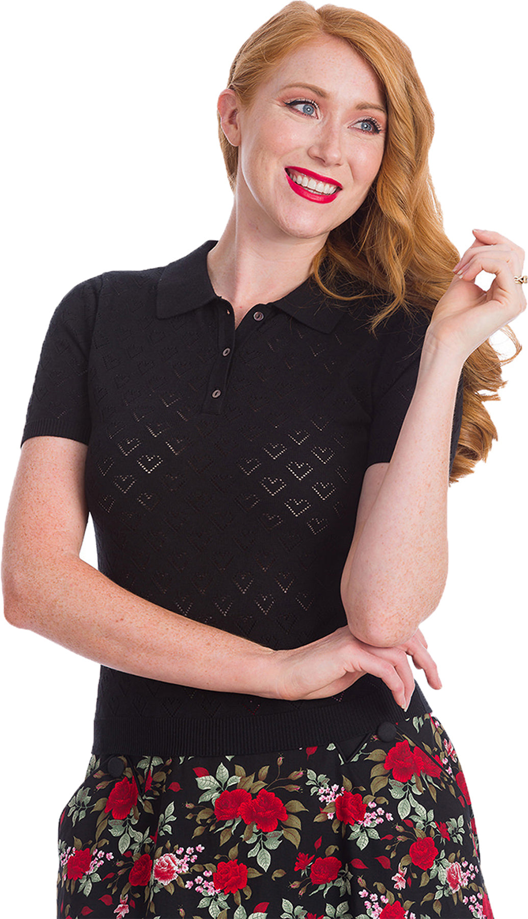 Banned_SMART_LOVE_50s_Heart_LOCHMUSTER_Kurzarm_Poloshirt_OBERTEIL_Schwarz_killer_kirsche
