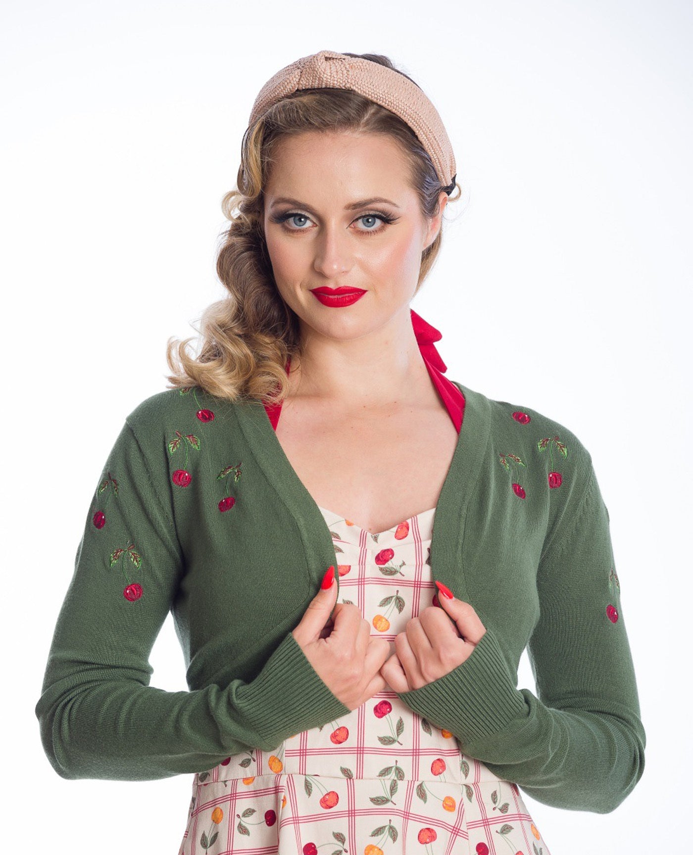 Banned_SUMMER_BERRY_CHERRY_Kirschen_Langarm_BOLERO_Strickjacke_-_Dunkles_Salbeigruen-2