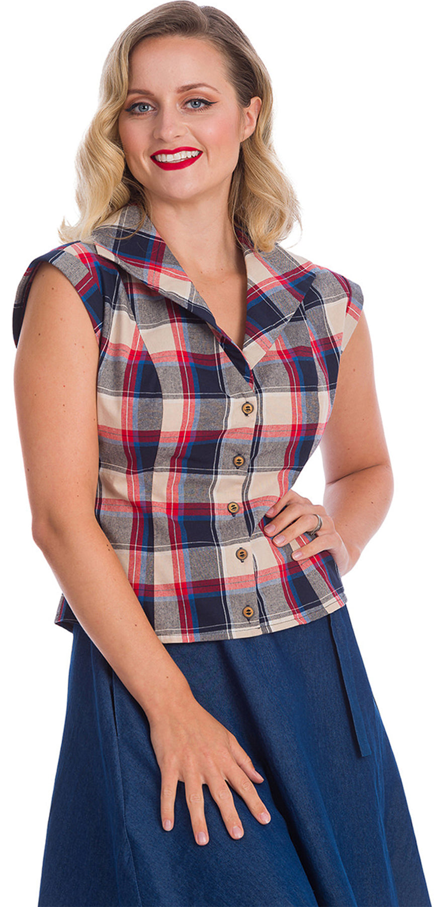 Banned_SUMMER_SEASIDE_Vintage_karo_Buttoned_V-Neck_BLUSE_Oberteil_kurzarm_killer_kirsche_1
