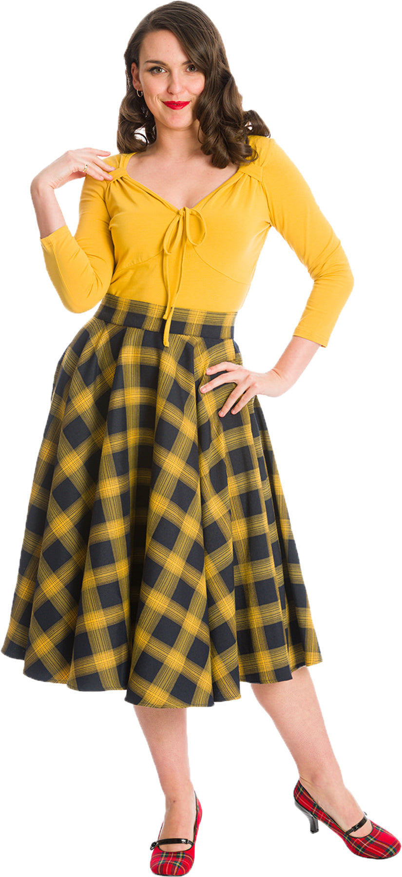 Banned_SWEET_CHECK_Vintage_KARO_Tartan_Tellerrock_SWING_SKIRT_Gelb-Navy_Killer_Kirsche-1