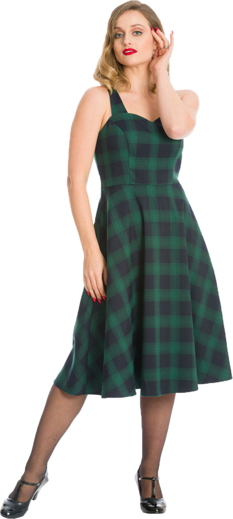 Banned_SWEET_CHECK_Vintage_TARTAN_Karo_Traeger_50s_SWING_DRESS_Kleid_Gruen_Killer_Kirsche-1