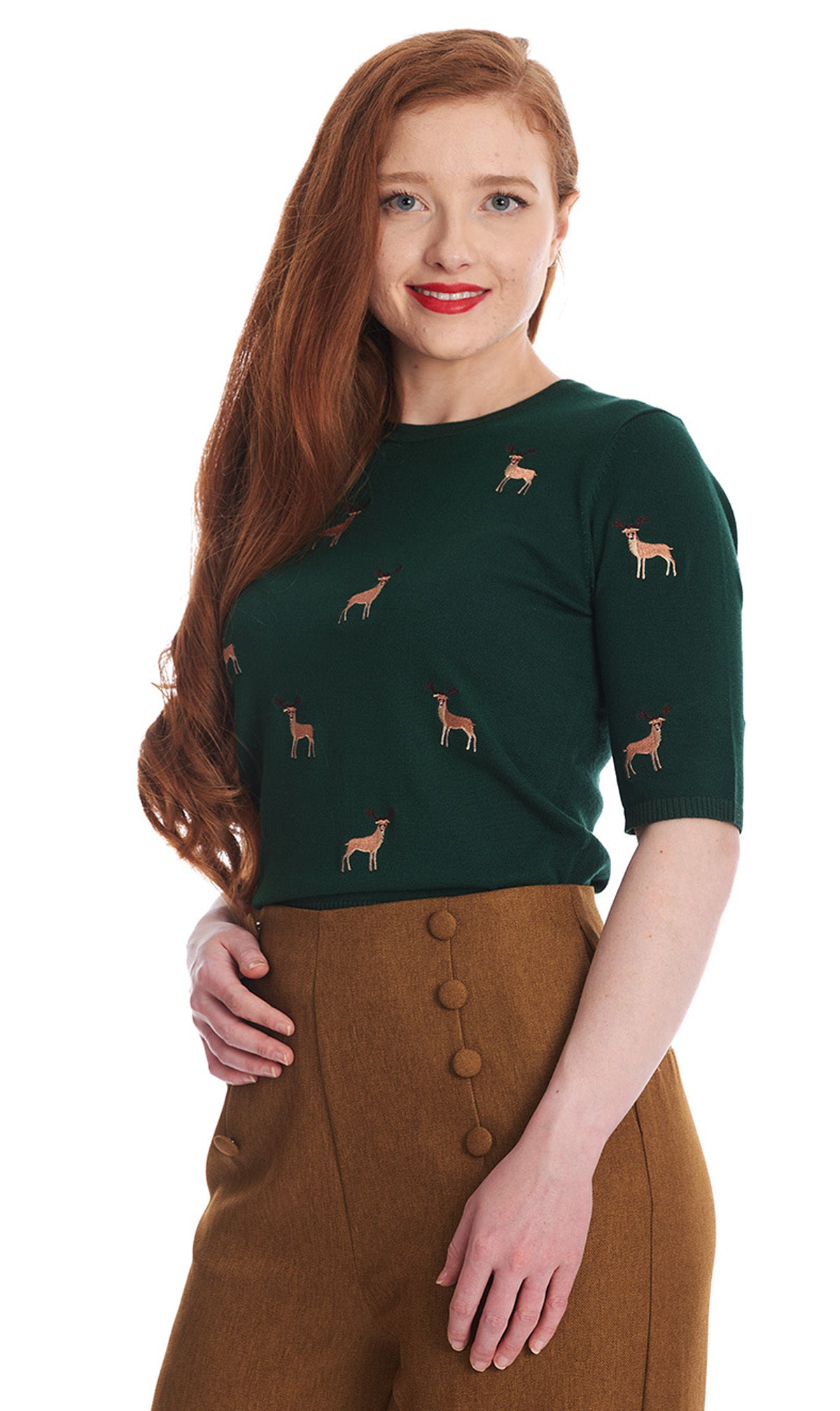 Banned_SWEET_DEER_Retro_Rentier_40s_Vintage_Oberteil_JUMPER_Pullover_Tannengruen-3