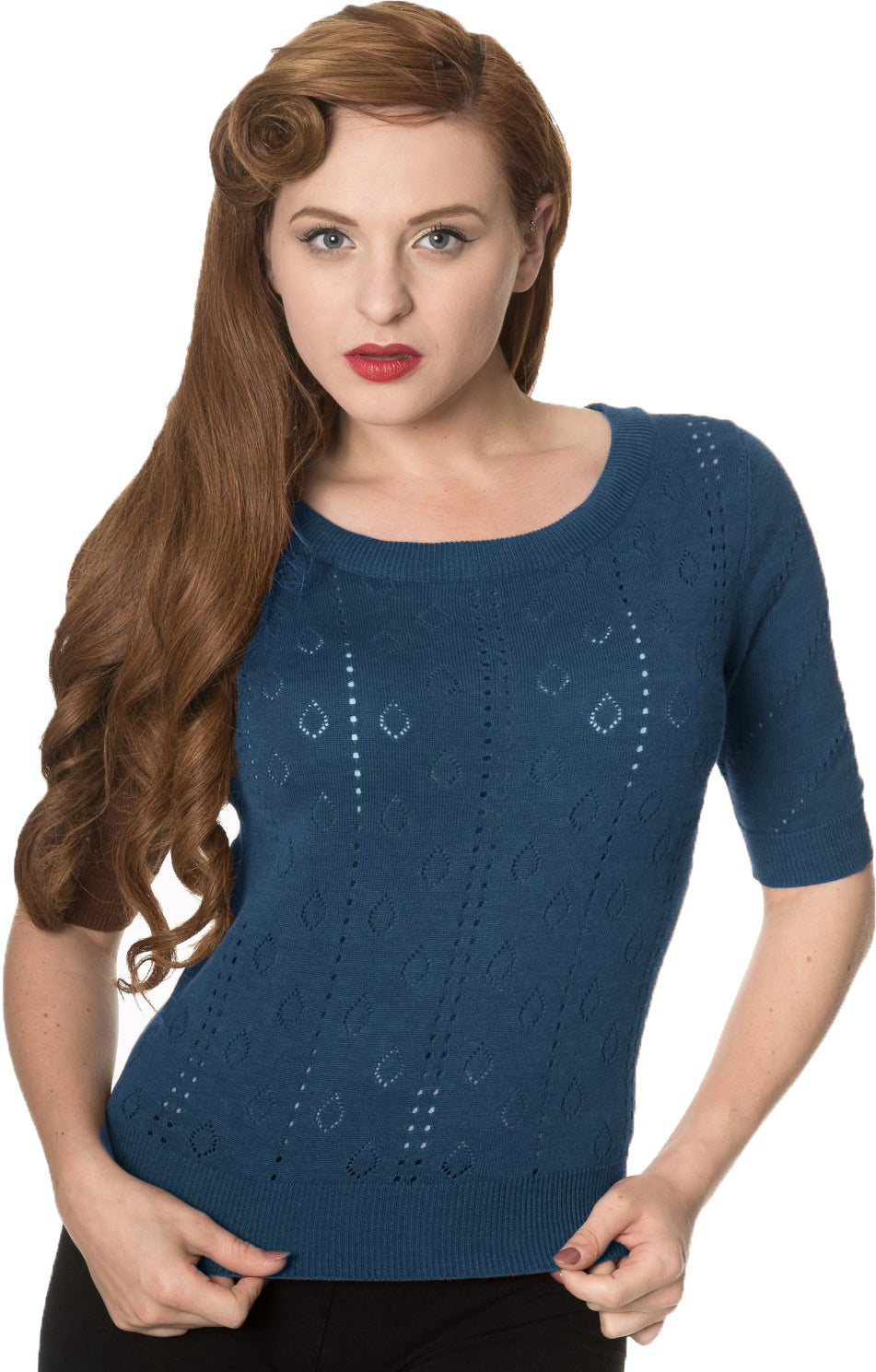 Banned_TEAR_DROP_50s_Halbarm_LOCHMUSTER_Feinstrick_SHIRT_Oberteil_TOP_Blau_Killer_Kirsche-1