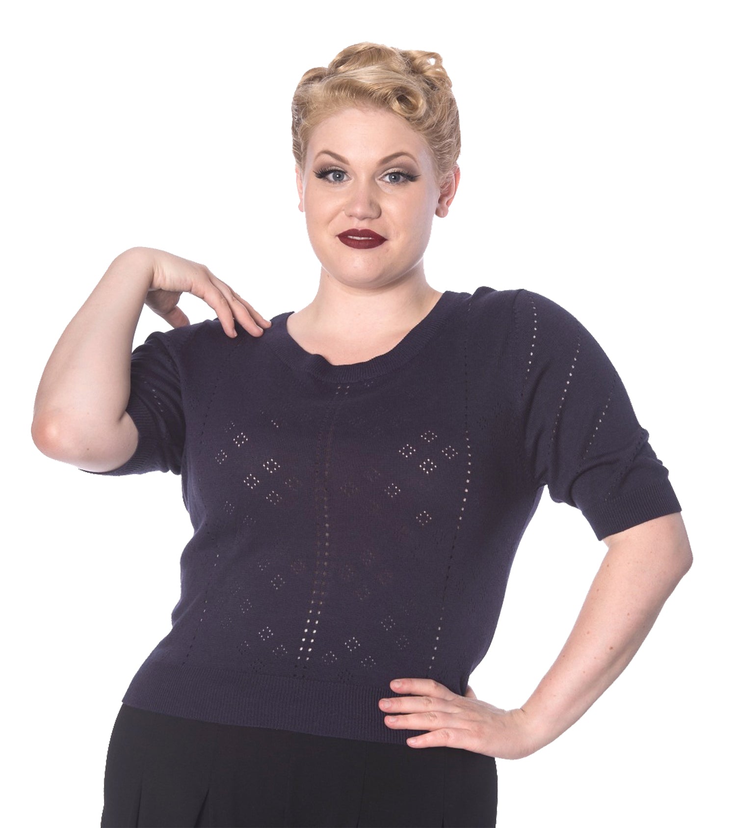 Banned_TEAR_DROP_50s_Halbarm_LOCHMUSTER_Feinstrick_SHIRT_Oberteil_TOP_Navyblau_PLUS_SIZE-1