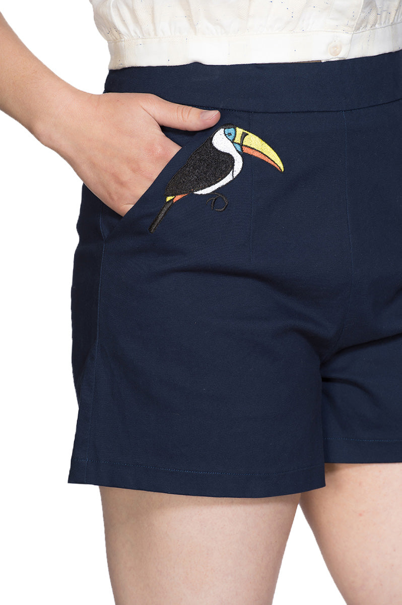 Banned_TOUCAN_Tropical_Retro_TUKAN_Embroidery_High_Waisted_SHORTS_Navy-4