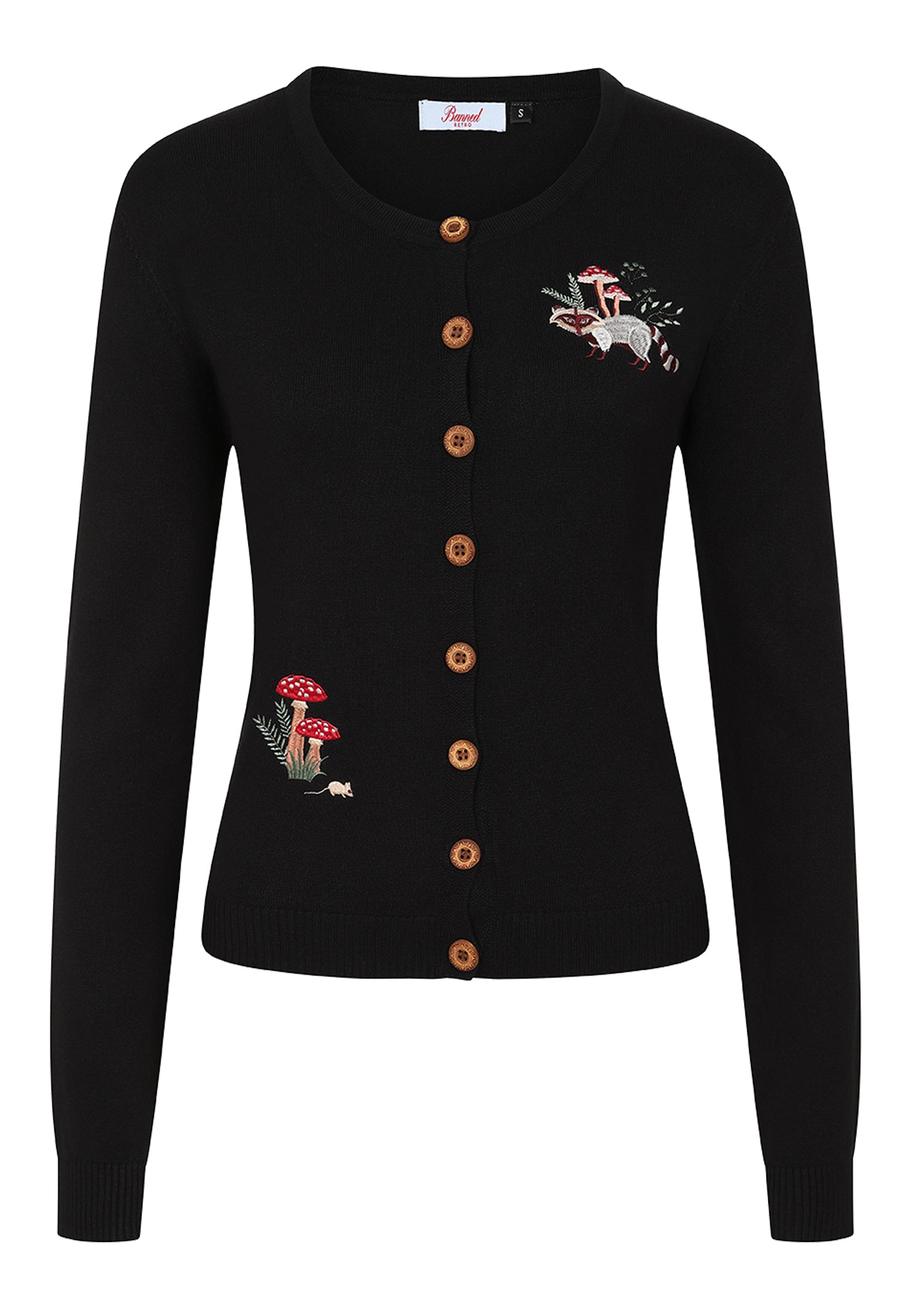 Banned_WOODLAND_MUSHROOM_Retro_Waschbaer_Racoon_STICK_CARDIGAN_Strickjacke__Schwarz-1