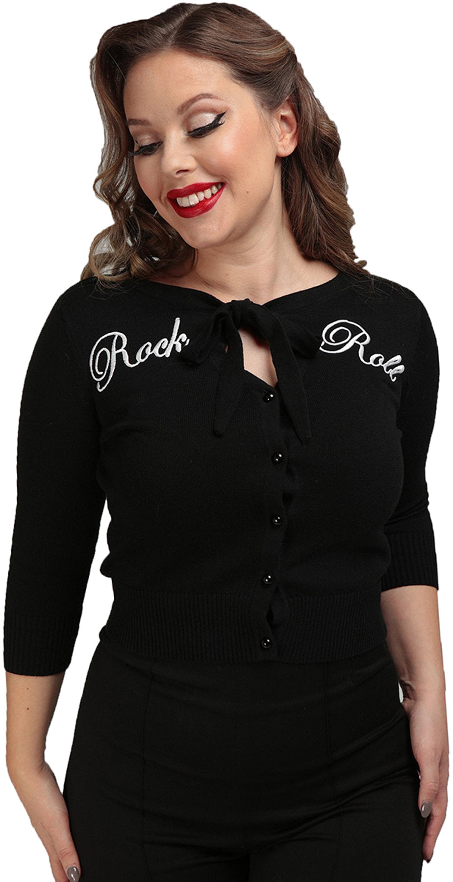 Collectif_CHARLENE_Retro_ROCK_ROLL_Schleife_BOW_Strickjacke_CARDIGAN_Schwarz_killer_kirsche