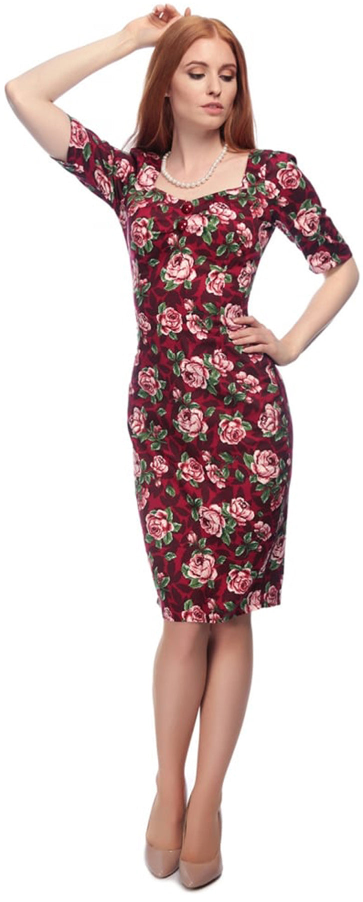 Collectif_DOLORES_Vintage_BLOOM_Half_Sleeve_Rosen_PENCIL_Dress_KLEID_killer_kirsche