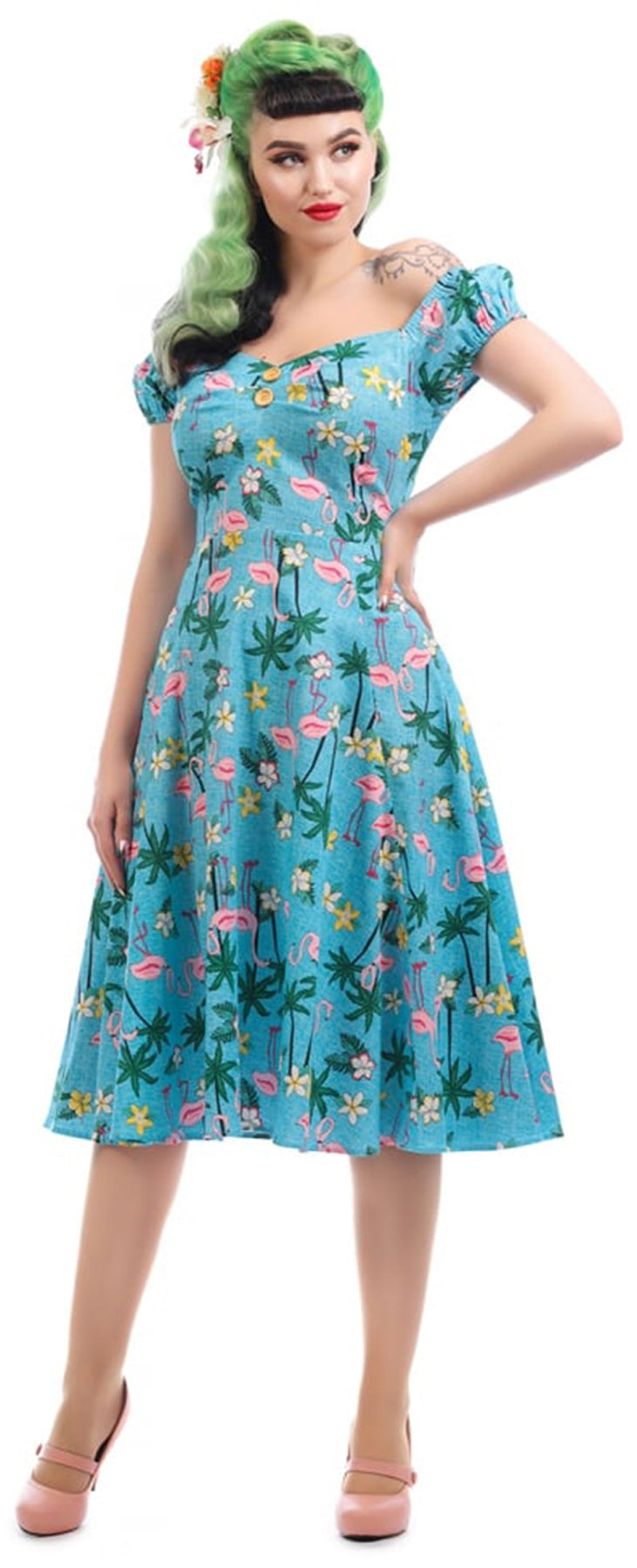 Collectif_DOLORES_Vintage_TROPICAL_FLAMINGO_Palm_Flower_SWING_Dress_Kleid_killer_kirsche
