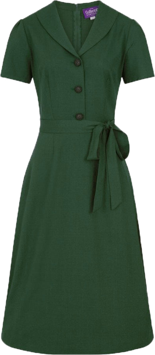 Collectif_HATTIE_40s_Vintage_PLAIN_Buttoned_V-NECK_Kurzarm_A-LINIE_DRESS_Kleid-2