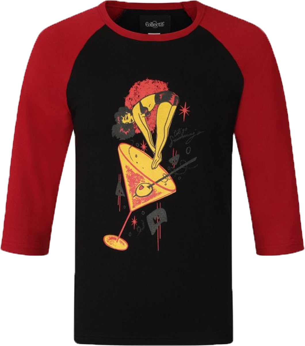 Collectif_JAKE_Lets_Go_Swimming_PIN_UP_MARTINI_50s_Raglan_Baseball_SHIRT_Schwarz-2