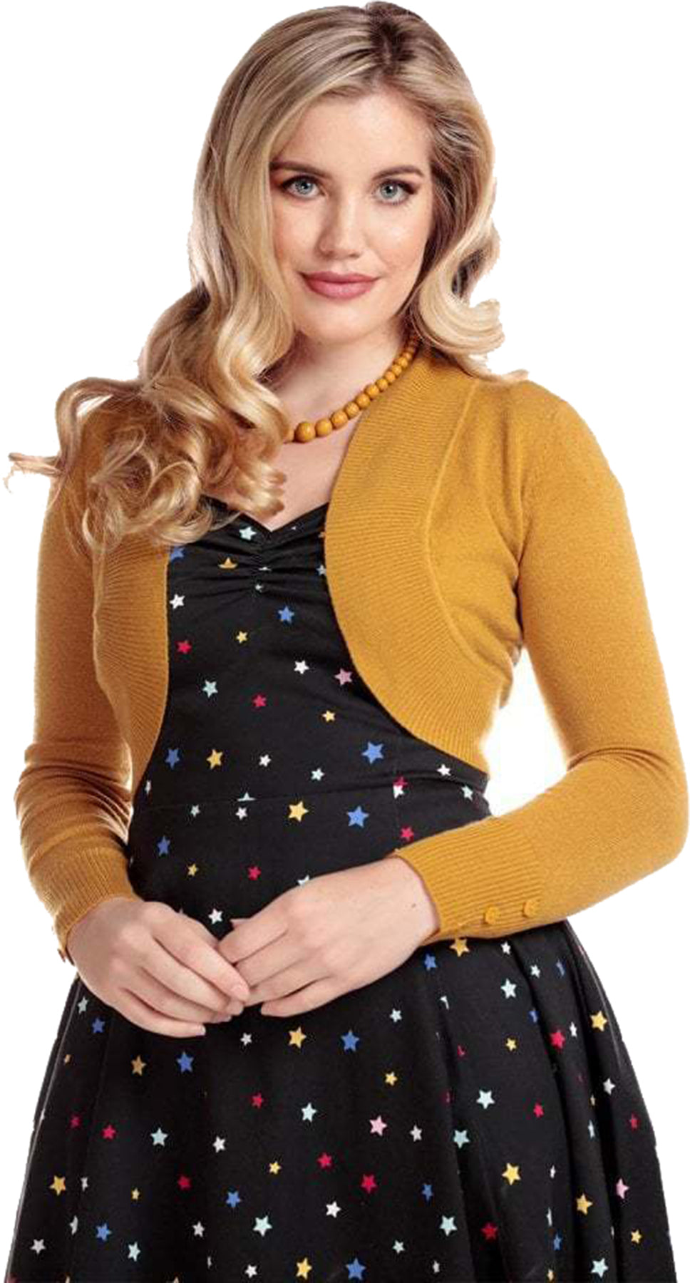 Collectif_JEAN_Knitwear_Vintage_CROPPED_Langarm_BOLERO_Strickjacke_Senfgelb_Killer_Kirsche-1