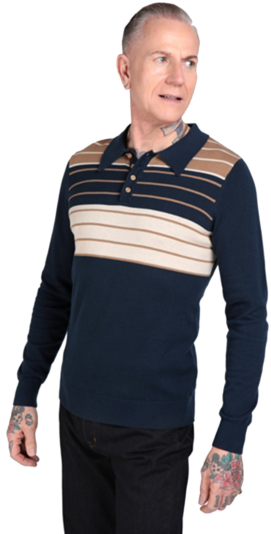 Collectif_JO_Vintage_HUNTER_STRIPE_Streifen_Langarm_POLO_Strick_Oberteil_PULLOVER_-_Blau_killer_kirsche_2