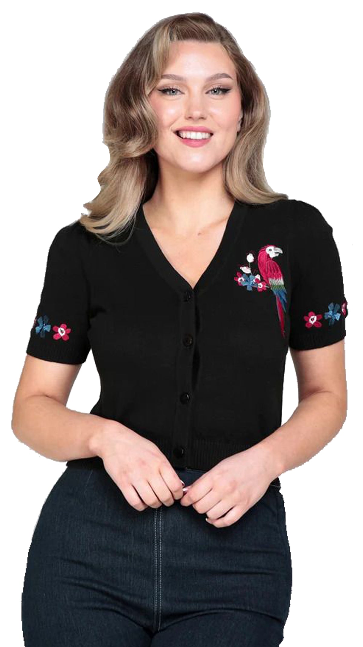 Collectif_JUNE_PARROT_Paradise_Vintage_VNECK_Kurzarm_CARDIGAN_Strickjacke_Schwarz-4mbmWw0S6Z56ua