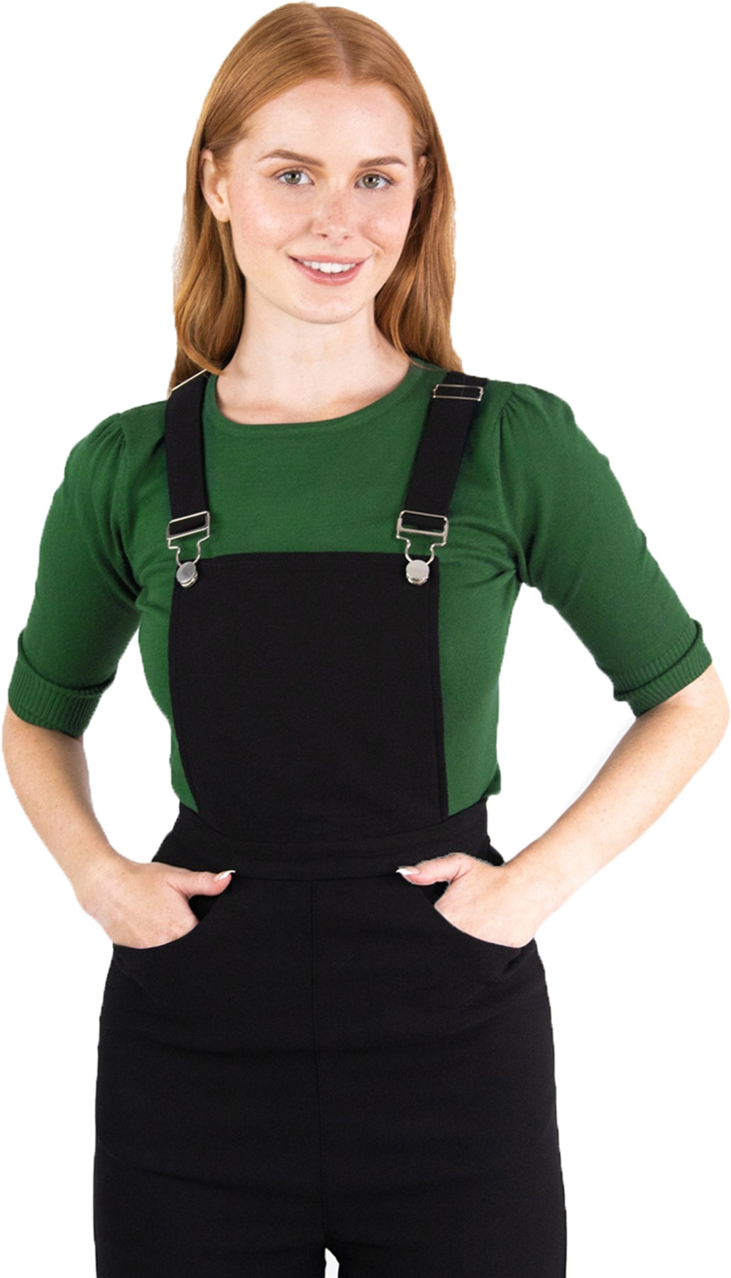 Collectif_KAYDEN_Retro_50s_PLAIN_High_Waisted_MARLENE_Latzhose_DUNGAREES_Schwarz_Killer_Kirsche-3