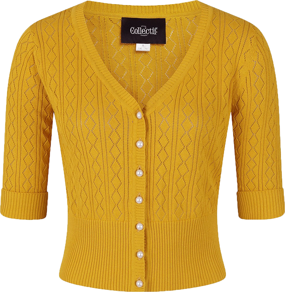 Collectif_LINDA_Vintage_DIAMOND_Lochmuster_CARDIGAN_Strickjacke_Senfgelb-2