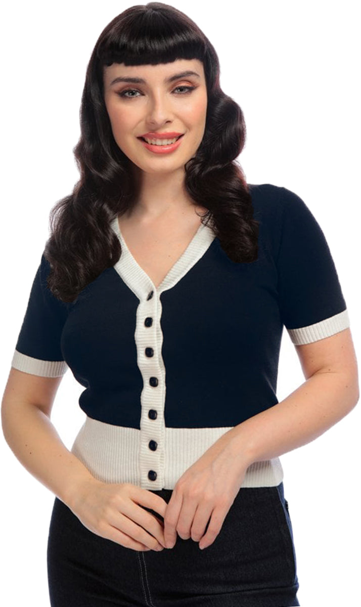 Collectif_LUDOVICA_CONTRAST_Vintage_V-NECK_Kurzarm_CARDIGAN_Strickjacke_Navy-1