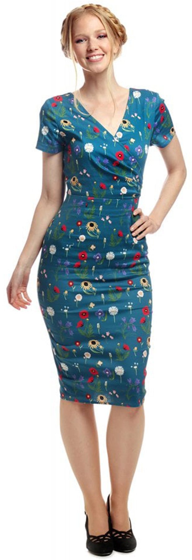 Collectif_MARIA_Wild_Floral_Vintage_BLUMEN_V-Neck_Kurzarm_DRESS_Bleistifkleid_killer_kirsche_1