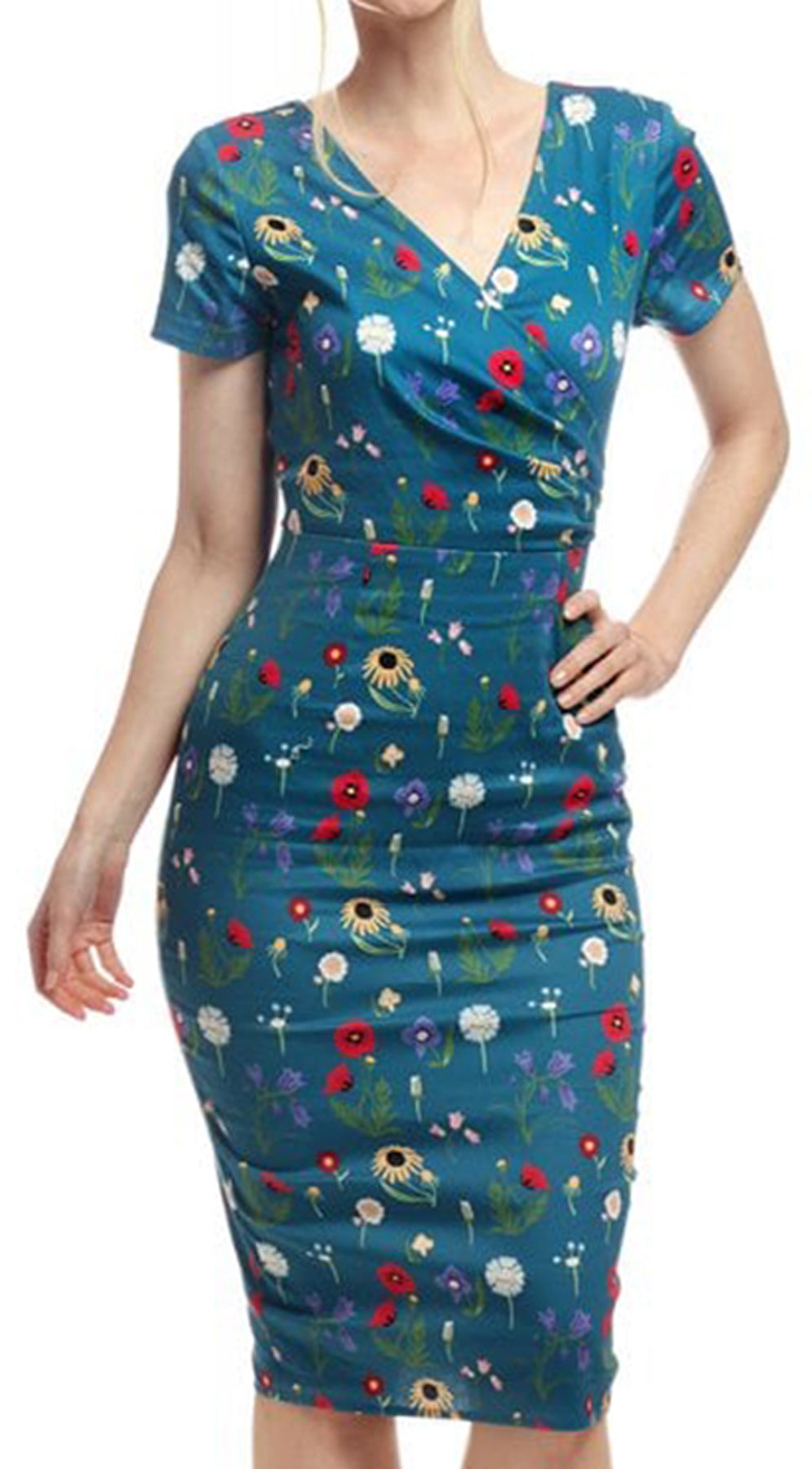 Collectif_MARIA_Wild_Floral_Vintage_BLUMEN_V-Neck_Kurzarm_DRESS_Bleistifkleid_killer_kirsche_2