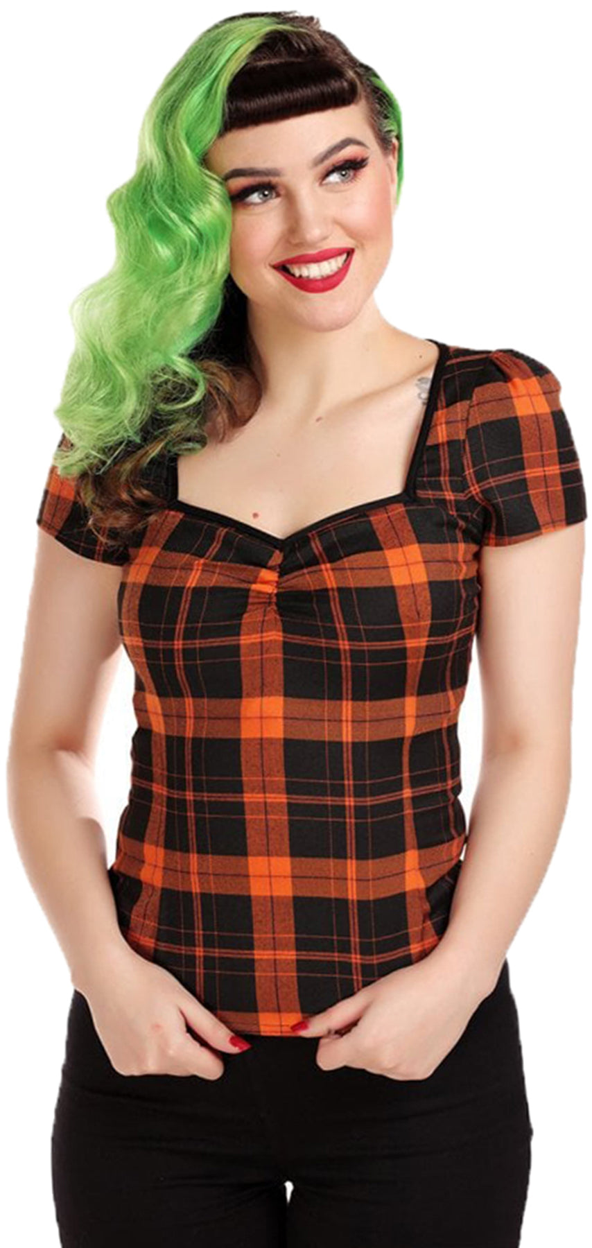 Collectif_MIMI_Vintage_PUMPKIN_CHECK_Sweetheart_KURZARM_Bluse_SHIRT_Top_killer_kirsche
