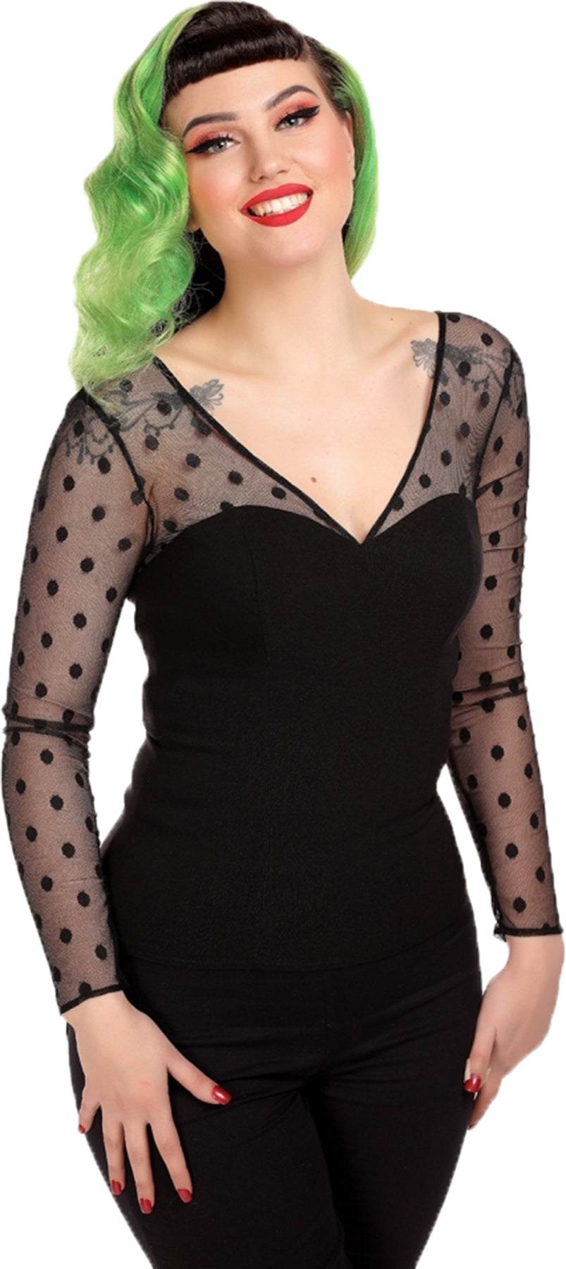 Collectif_NELLA_50s_Retro_POLKA_DOT_Mesh_V-NECK_Langarm_Bluse_SHIRT_Oberteil-1qaiyZAPPA38VS