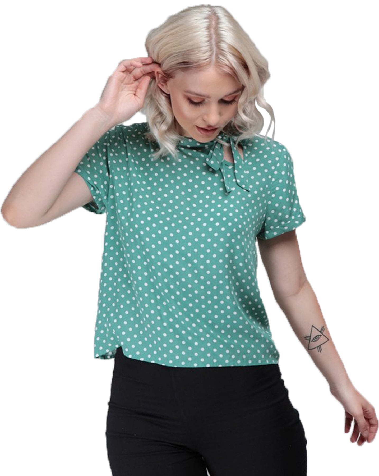 Collectif_NICOLA_Vintage_POLKA_DOT_Punkte_Peephole_KURZARM_Bluse_Shirt_Gruen_killer_kirsche