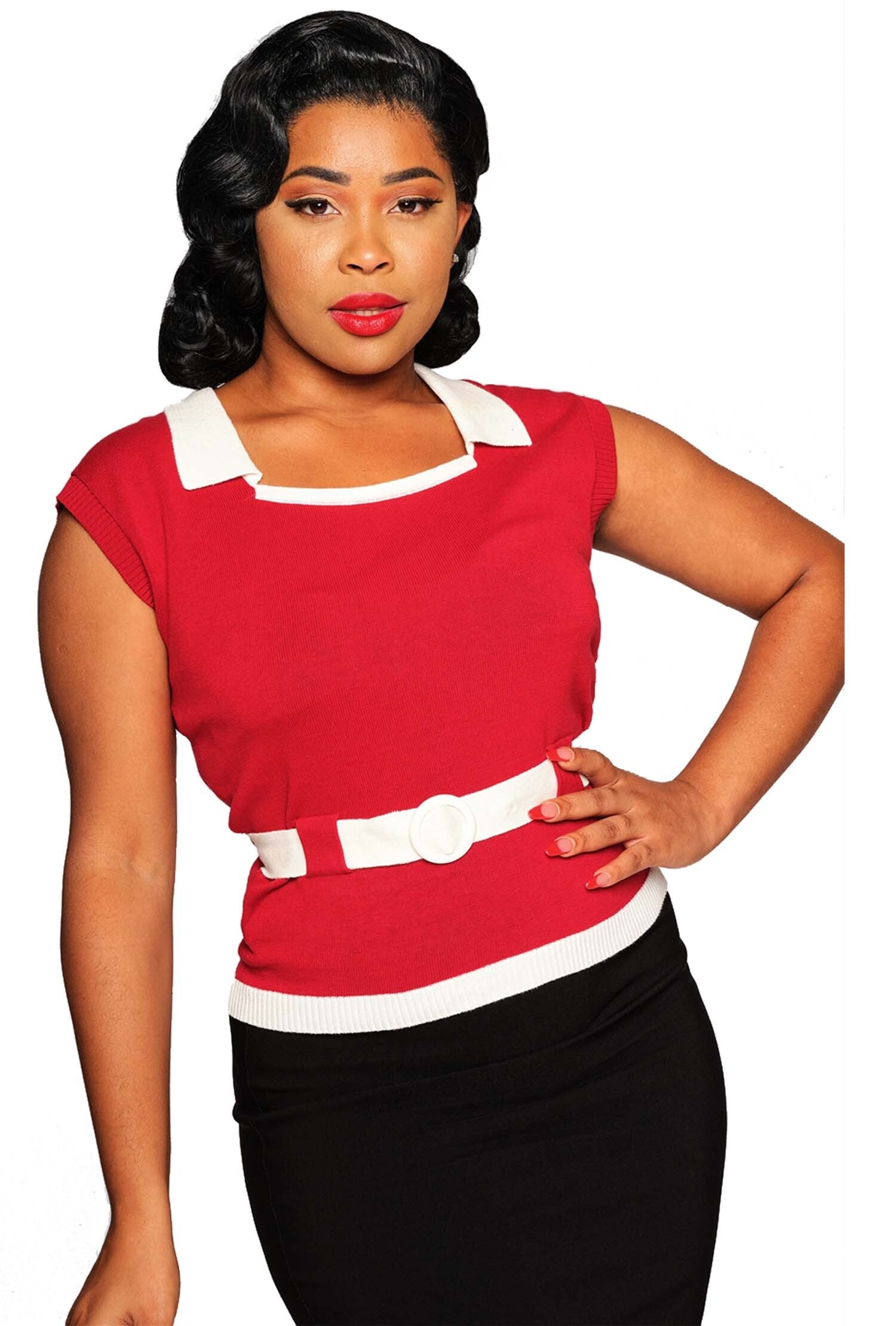 Collectif_NORMI_KNITTED_Vintage_Kurzarm_50s_Contrast_JUMPER_Shirt_Rot-3