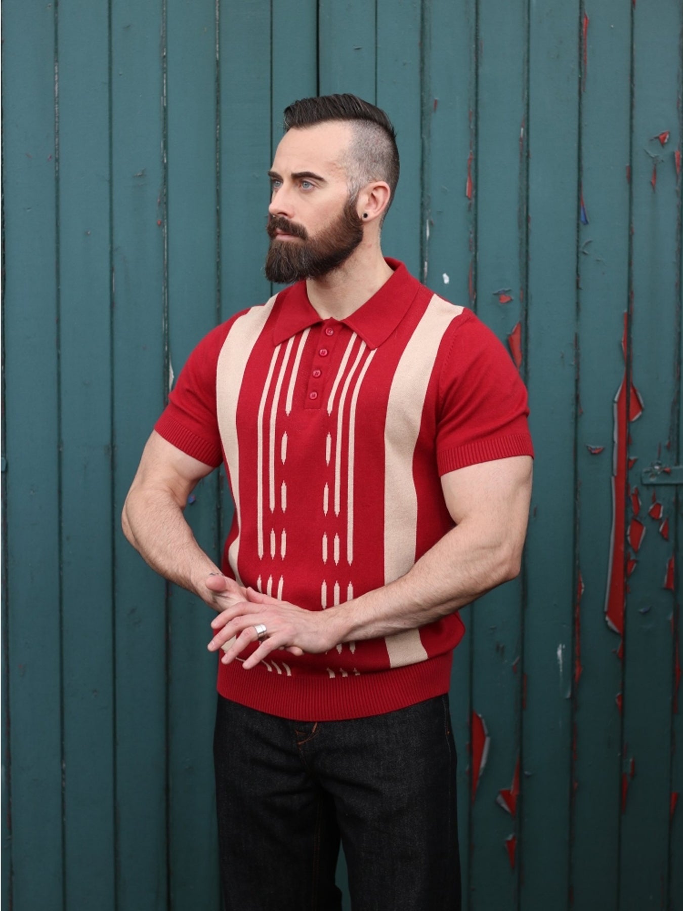 Collectif_PABLO_KENTISH_Knitted_STREIFEN_Kurzarm_Vintage_POLO_SHIRT_Rot_killer_kirsche_3Q8R33WemJoexG