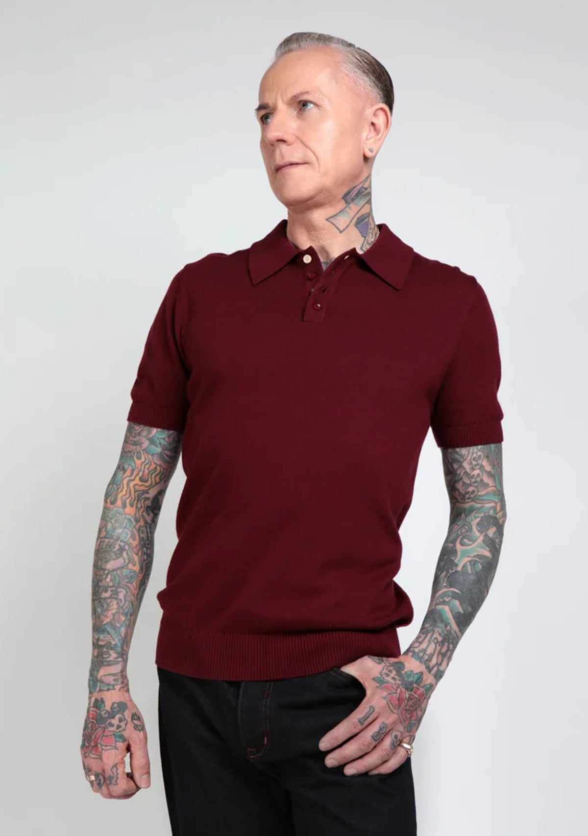 Collectif_PABLO_PLAIN_Vintage_Knitted_Kurzarm_POLO_SHIRT_Jumper_-_Weinrot-1
